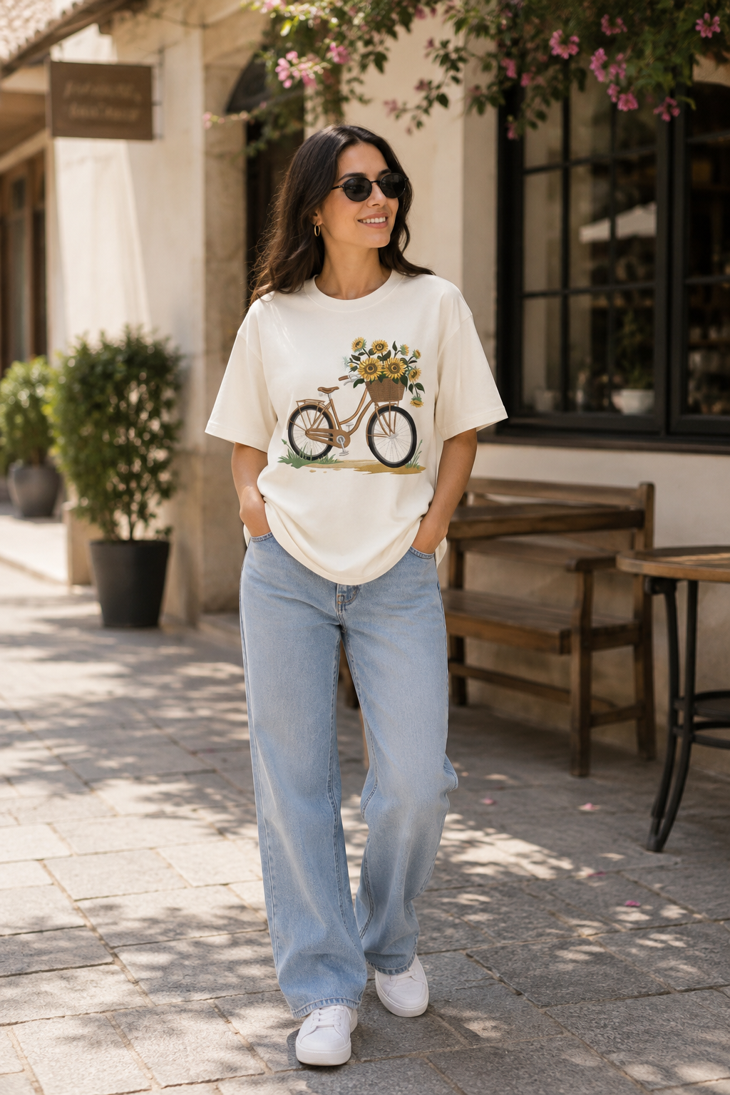 Sunflower Bicycle Embroidered Off-White Oversized T-Shirt