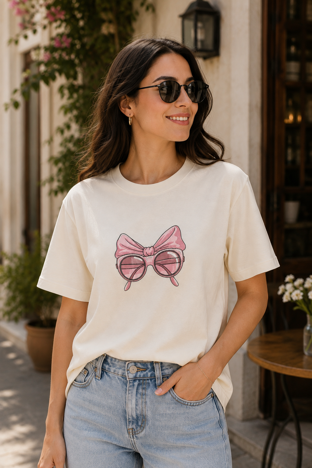 Pink Bow Sunglasses Embroidered Off-White T-Shirt