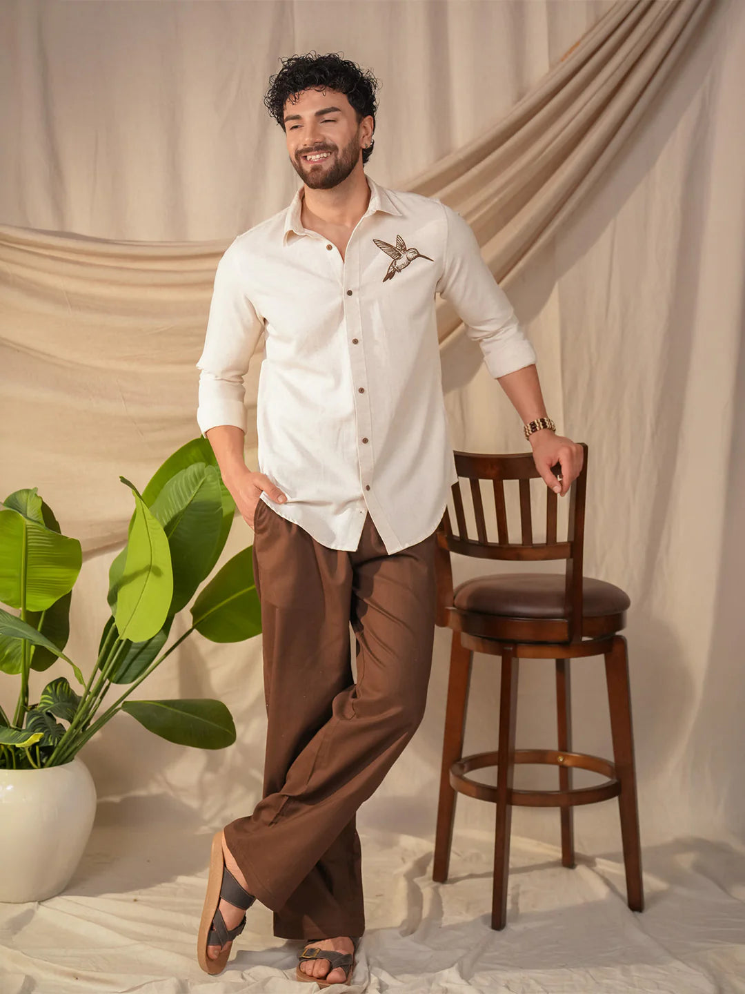 Custom Embroidered Beige Natural Grains Sparrow Embroidery Linen Cotton Shirt