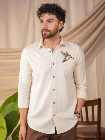 Custom Embroidered Beige Natural Grains Sparrow Embroidery Linen Cotton Shirt
